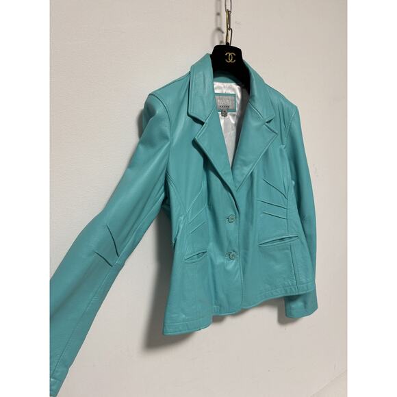 Wilsons Leather Maxima Jacket Womens XL Aqua Blue Fitted Blazer Genuine Leather - Picture 5 of 8